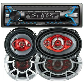 Audiotek Single Din Digital Car Media Receiver with Bluetooth/USB/FM / MP3 + Soundxtreme 6" in 3-Way 350 Watts and 6x9 4-Way 520 Watts Coaxial Car Speakers