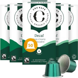 Cru Kafe Decaf USDA Organic Espresso Coffee Capsules (50 Pods) Fairtrade Coffee Pods Compatible with Nespresso Original Line and Pixie Machines