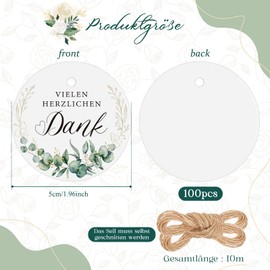 Pack of 100 Thank You Gift Tags 5 cm Thank You Labels with Leaf Patterns Round Paper Tags with String for Wedding Baby Shower Birthday Gift Packaging