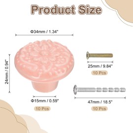 sourcing map 10Pcs Ceramic Knobs, 34mm/1.34" Flower Pattern Mushroom Knob Drawer Pull Handle Vintage Wardrobe Knobs with Screws for Vanity Bedroom Furniture Closet, Pink