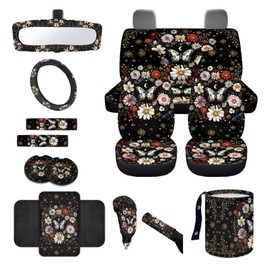 Wanyint Butterfly Flower Moon 14 PCS Car Seat Cover Set, with Steering Wheel, Seat Belt, Waste Bin, Center Console, Rear View Mirror, Handbrake Covers & Coasters