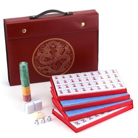 Mose Cafolo Chinese Mahjong Game Set 1.5" X-Large 144 Numbered White Blue Melamine Tiles with Carrying Travel Case,Complete Majong Majiang, Mah Jonng Game Set