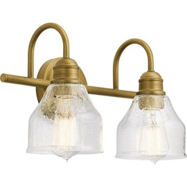 KICHLER Avery 15" Bathroom Vanity Industrial 2 Light Wall Fixture with Clear Seeded Glass in Natural Brass, for Bathroom (8.25" x 15" x 9.5") 45972NBR