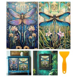 BEUNITONE 6 Sheets Dragonflies Rub on Transfers for Furniture Vintage Floral Rub on Transfer Sticker for DIY Crafts Decor Iod Transfers Stickers for Wood Dresser Glass Window Decals Waterproof 6"x12"