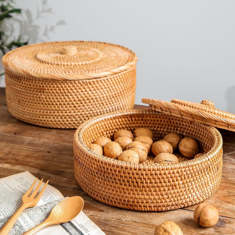 Rattan Basket With Lid, Lidded Wicker Storage Basket for Organizing,