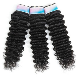Deep Wave Bundles, Curly Bundles Human Hair, 12 12 12 Inch, Wet and Wavy, Natural Black, Soft, 300g, Brazilian Hair