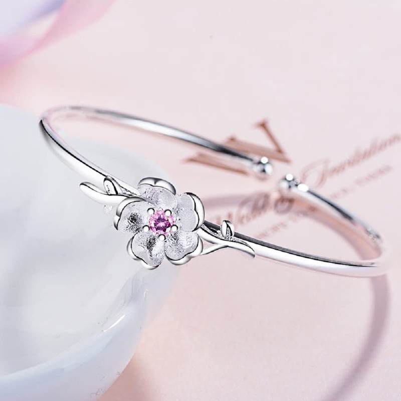 Ganquya Sterling Silver Plated Pink CZ Cherry Blossoms Flower Women