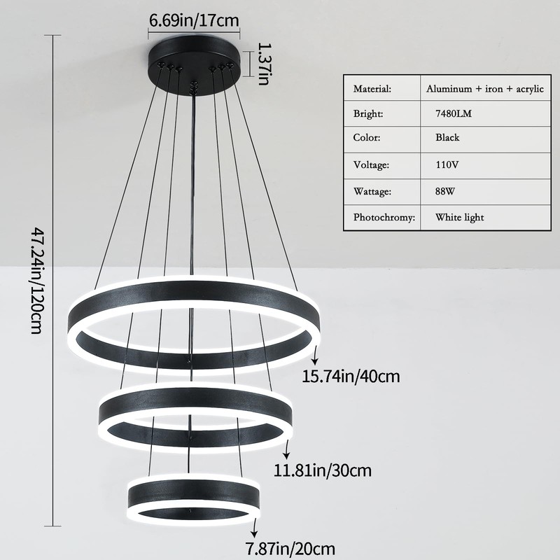 O'NEELDY Modern LED Chandeliers Adjustable Hanging Black Pendant Light Fixture