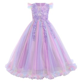Daddy Daughter Dance Dress Pageant Princess Tulle Dress Kids Baptism Christening 3rd Birthday Party Father's Day Mother's Day Carnival Long Maxi Ball Gown Children's Day Rainbow Purple 5-6T
