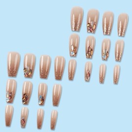 Hkanlre Uñas Postizas de Presión Estilo Ataúd, Color Nude, Tamaño Mediano, Estilo Francés, con Puntas de Cobertura Total Y Pedrería. Juego de 24 Unida
