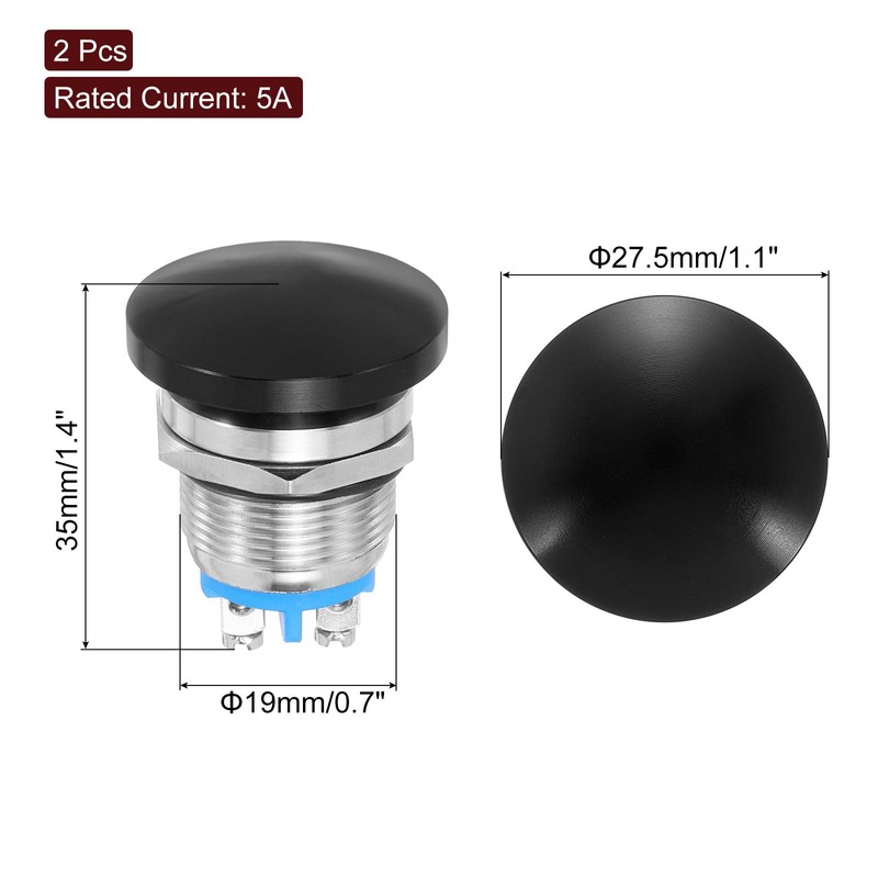 METALLIXITY 2PCS 5A 19MM 3/4" Momentary Mushroom Head Push Button