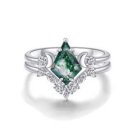 Natural Moss Agate Ring Kite Cut Ring Set 925 Sterling Silver Moon Ring Engagement Ring for Women Jewelry Gift for Women, Sterling Silver, Agate