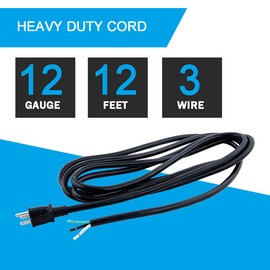 12 AWG Power Cord 12FT Open End Heavy Duty 12 Gauge 3 Prong 12 Foot 3 Wire SJT Power Supply Cord NEMA 5-15P, 1875W at 125V Replacement Power Cord for Power Tool