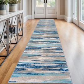 Lansny Modern Abstract Runner Rug 2.6x12, Blue Washable Long Kitchen Runner Non-Slip Soft Hallway Rug Runner Thin Print Faux Wool Carpet for Entryway Bedroom Laundry Room Indoor Home Decor