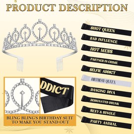 Jexine 11 Pcs Birthday Queen Sash and Rhinestone Tiara Set Birthday Sash and Queen Tiara Crowns with Glitter Silver Birthday Crowns and 9 Black Birthday Squad Sash for Women Birthday Party Accessories