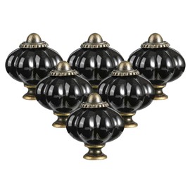6Pcs Black Pumpkin Knobs Vintage Ceramic Cabinet Knobs Retro Dresser Knobs Pulls with 3 Size Mounting Screws for Door Drawers Closet Cupboard Kitchen Furniture