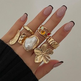 Otxas Chunky Gold Rings for Women Adjustable Statement Rings Baroque Pearl Flower Ring Stackable Rings Set 6Pcs Chunky Jewelry (Gold)