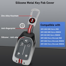 Moonlinks Zinc Alloy Key Fob Case Cover 5-Button Compatible with 2019-2022 Chevy Silverado/GMC Sierra 1500 2500HD 3500HD, Sporty Red Silicone Rubber Remote Keyless Fob Case Metal Shell with KeyChain