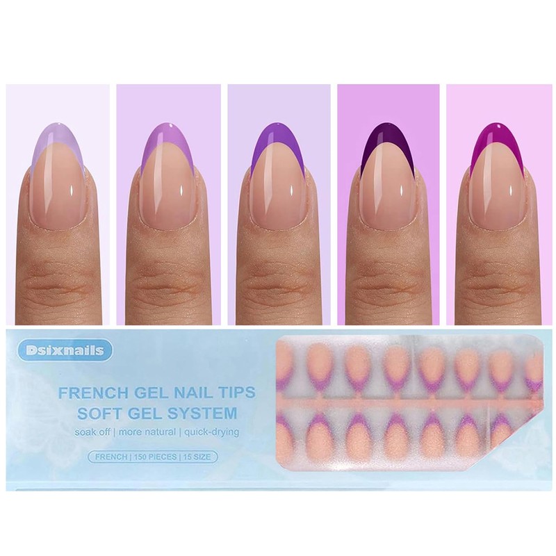 Dsixnails Uñas postizas de gel francés morado, 150 unidades, uñas