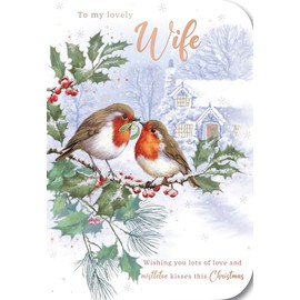 Noel Tatt Wife Christmas Card, Single - Christmas Cards 2024 with Robins and Holly Branches Festive Design with Special Finishes - Eco-Friendly Xmas Cards with Envelope