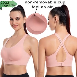 PRETTYWELL Molded Cup Sports Bras for Women, Cross Back Sports Bra Top, Wirefree Comfort Sport Bras for A to D Cup, Seamless Workout Bra Mid Impact Pink
