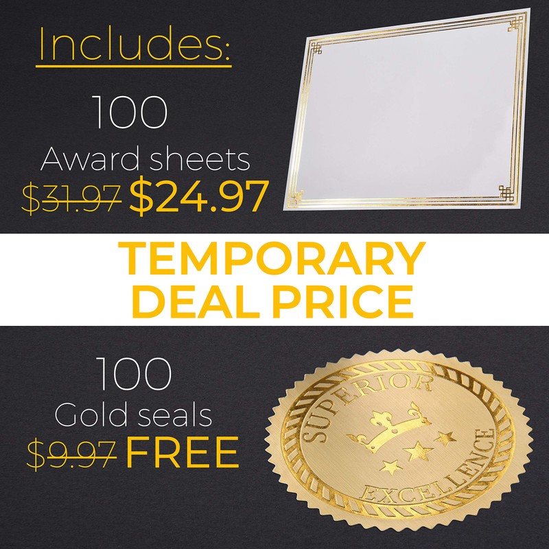 100 Professional Award Certificate Paper 8.5 x 11 with Seals,