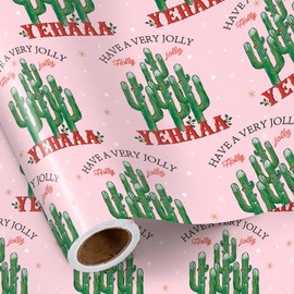 RUSPEPA Cowboy Christmas Wrapping Paper Roll for Girls, Mini Roll, Western Cactus and YEHAAA Text Design, Pink Gift Wrap for Kids, Friends, Christmas, Holiday, Western Party, 17 Inches x 16.4 Feet