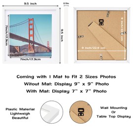 OMISHE 9x9 inch Picture Frame White for Wall Hanging or Tabletop Poster, Frame Display 7x7 inch with Mat or 9x9 Without Mat, Square Wall Gallery Photo Frame, White