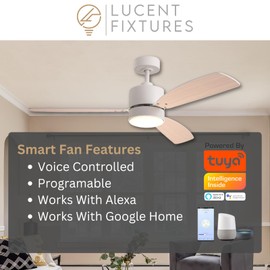 Lucent Fixtures Tanner Smart Ceiling Fan (Matte White), Modern Ceiling Fan with light, Remote included and Smart Device Compatible