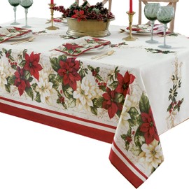 Newbridge Christmas Presley Red and White Poinsettia Double Bordered 60 x 120 inch Rectangle Fabric Tablecloth, Holiday Cottage Floral Border Print Table Cover for Dining Party