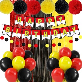 Cartoon Animation Birthday Party Decorations, Include Red Black Yellow Balloons, Banner, Foil Fringe Curtains, Paper Garland Pull Flower, Tissue Paper Pom Poms