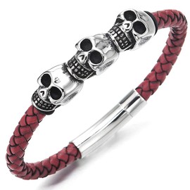 COOLSTEELANDBEYOND Men Women Steel Three Vintage Stacking Skulls Red Braided Leather Bracelet Bangle with Spring Clasp