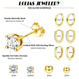 LOLIAS 7 Pairs of Women's Gold Earrings, 925 Silver Huggie Hoop Earrings, Gold Piercing, Ear Gold, 14K Gold-Plated Earrings, Gold Set for Multiple Pierced Ears, Hypoallergenic Golden Earrings for