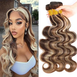 Dokksiiia Dark Brown Body Wave Ombre Bundles P4/613 Highlight Dark Brown and Light Blonde Human Hair Bundles Ombre light Blonde Body Wave Brazilian Human Hair Extensions 16 18 20 Inch