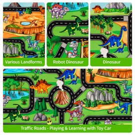 DINSUMRUG Kids Rugs for Playroom 59"×39.4" Dinosaur Car Play Mat Robot Dinosaur Park Road Educational Dino Road Rug for Toy Car Jurassic Themed Play Carpet for Kids, Toddlers, Nursery, Classroom