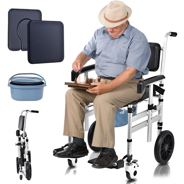 Shower Chair with Wheels 4 in 1 Folding Padded Bedside
