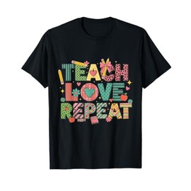 Teach Love Repeat Cute Teacher Squad Back to School Rainbow T-Shirt