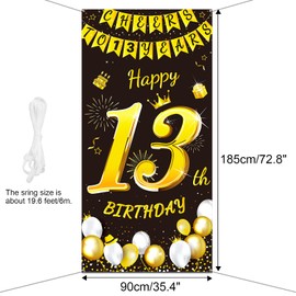 DPKOW Black Gold 13th Birthday Decoration for Boy Girl, Black Gold 13th Birthday Banner for Background Door Decoration, 13th Birthday Door Banner for Garden Table Wall Decoration, 185 x 90 cm Fabric