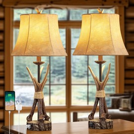BOWOBO Rustic Deer Antler Lamps Set of 2 with USB Charging Port Cabin Lamps for Living Room Bedrooms End Table Hunting Themed Cabin Decor