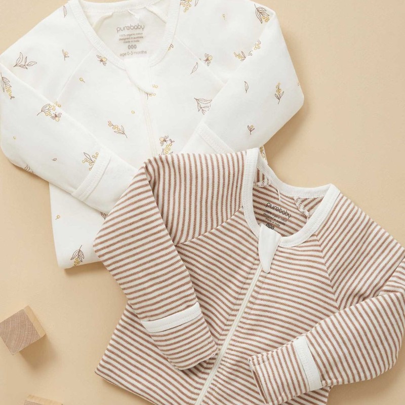 Purebaby 2 Pack Zip Growsuit - Vanilla Wattle Bee, 0