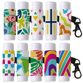 DELORIGIN 10PCS Abstract Flowers Leaves Lip Balm Keyring Colorful Modern Lipstick Holder Pouch Clip on Lip Gloss Sleeves with Metel Clasp Elastic Chapstick Holder for Lipbalm Chapstick Storage