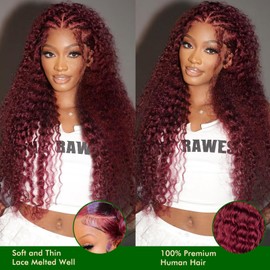 OPNGF 99J Burgundy Lace Front Wigs Human Hair Deep Wave Wig Human Hair 13x4 HD Transparent Lace Red Curly Wig Human Hair Glueless Wigs Human Hair Pre Plucked Natural Hairline with Baby Hair 24Inch