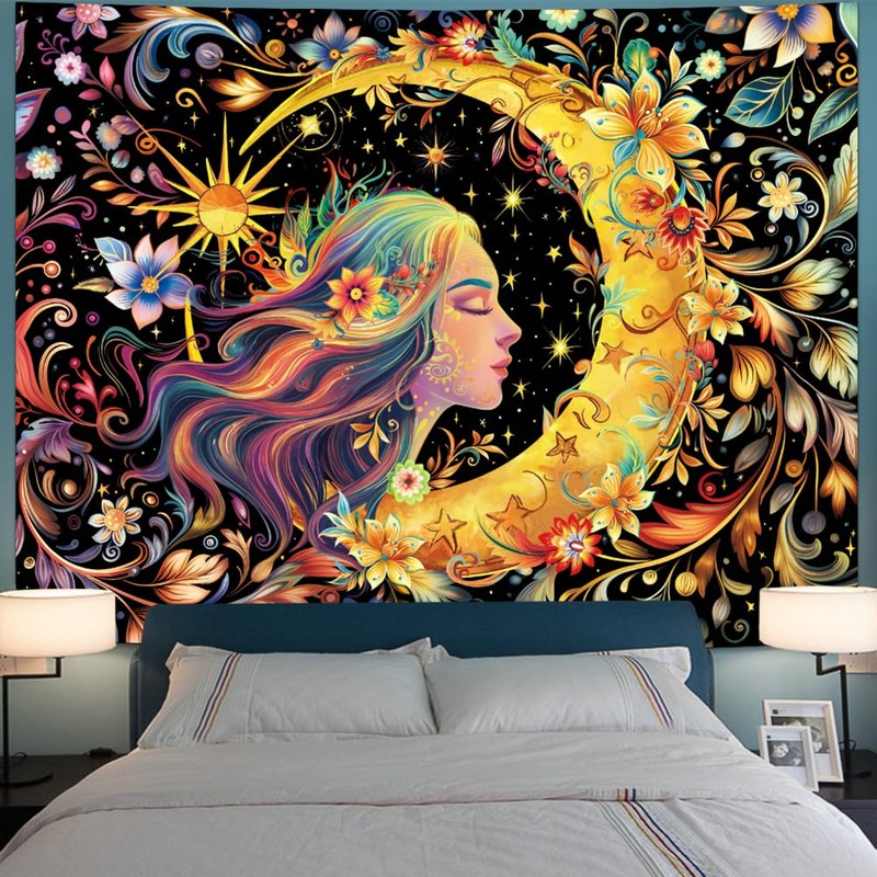 Serborlur Blacklight Sun and Moon Tapestry UV Reactive Psychedelic Floral