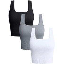 OQQ Women's 3 Piece Tank Shirt Ribbed Seamless Workout Exercise Yoga Crop, Black Grey White, Medium