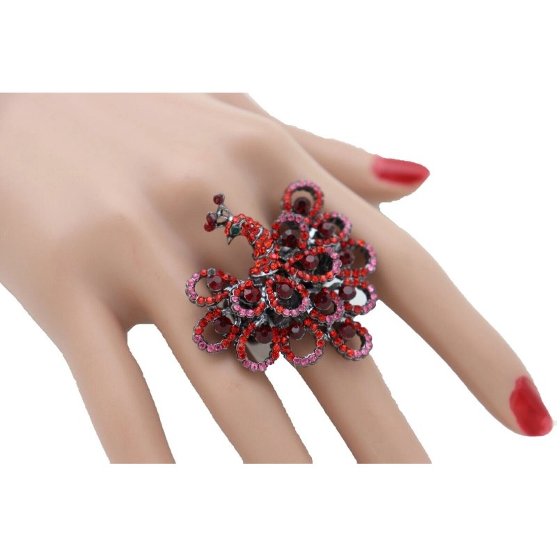 Unbranded Women Peacock Ring Red Pink Animal Feathers Metal Elastic