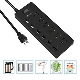 HITRENDS Protector contra sobretensiones de regleta de enchufes con 6 Salidas de CA y 6 Puertos USB 1,8 m, 1625 W/13 A multiconector para Oficina en casa, Negro