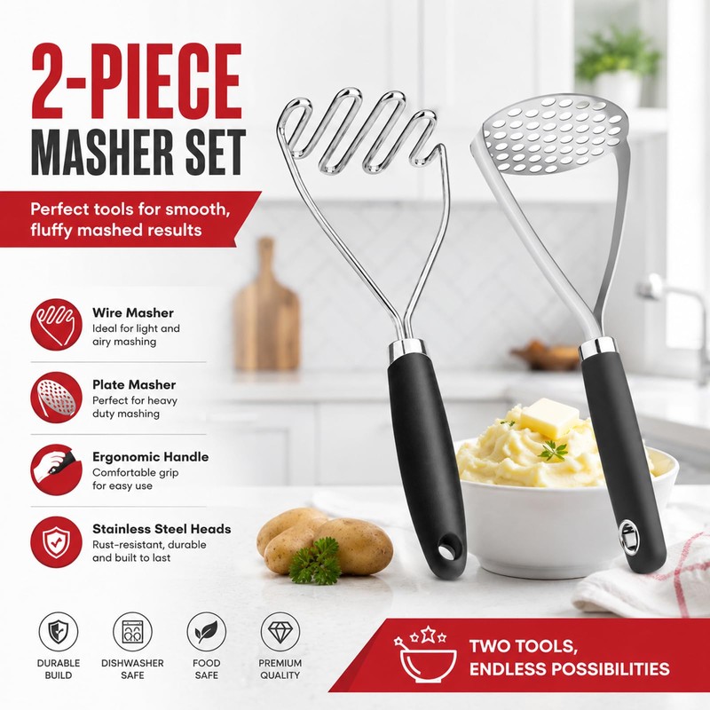 2 Pack Potato Mashers, Stainless Steel Food Masher Food Grade
