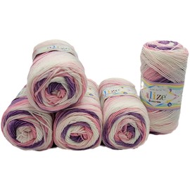 5 x 100 g Baby Wool Ilkadim Export Sekerim Bebe Batik Multicoloured, 500 g Wool Acrylic Knitting Yarn (Purple Pink White 2135)