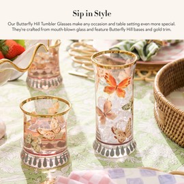 MACKENZIE-CHILDS Tumbler Glasses, Elegant Drinkware, Glasses with Gold Rim, 8 Ounces, Set of 2, Butterfly Hill