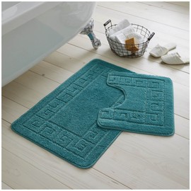 VELVETIO Bath Mat Set 2 Piece Machine Washable for Bathroom, Jacquard Greek Non Slip Quick Dry Shower Rugs & Bathtub Mats, Highly Water Absorbent 100% Polypropylene Toilet Rug Sets, Dark Teal